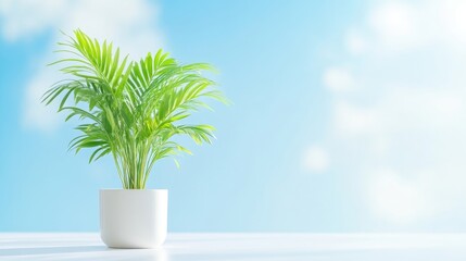 Obraz premium A lush green potted plant sitting on a white surface, soft focus background with light blue sky and subtle clouds, and serene indoor setting.