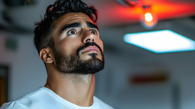 Close Up Portrait of a Focused Puerto Rican Man Changing a Light Bulb