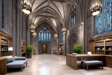 A dark academic library with stained glass, old manuscripts, and a mysterious atmosphere