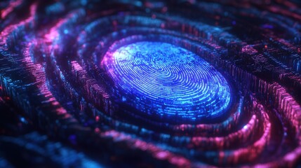Glowing digital fingerprint secured by holographic data streams, symbolizing futuristic identity protection in a vibrant high-tech environment. Ultra-detailed.