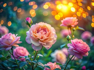 Obraz premium A Soft Pastel Dream Macro Photography of a Rose Garden at Dusk Bokeh and Romantic Hues