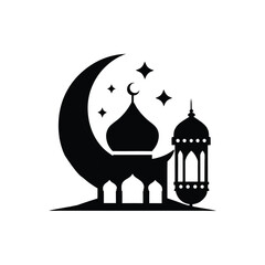 Obraz premium Islamic mosque with moon silhouette simple vector isolated on white background, Islamic concept