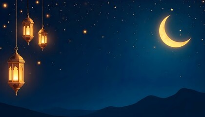 A festive background for Eid al-Adha or mubarak featuring hanging lanterns, glowing stars, and crescent moon, deep night sky theme in navy blue and gold