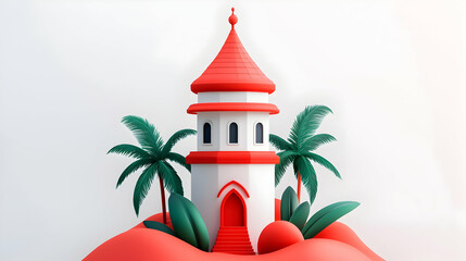 Obraz premium Red and White Geometric Tower with Palm Trees 3D Rendering