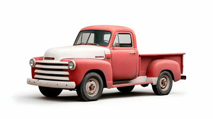 Red and White Vintage Pickup Truck Isolated on White Background