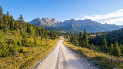winding dirt road surrounded by lush greenery leads to majestic mountains under clear blue sky