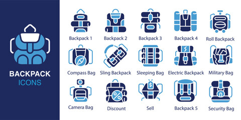 Backpack icon set. Containing backpack, roll backpack, compass bag, sling backpack, sleeping bag, electric backpack, and more. Solid vector icons collection. Vector illustration.
