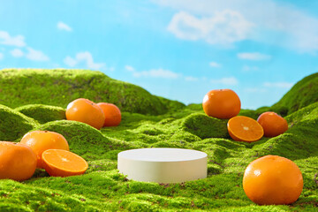 Empty pedestals for promotional products. Fresh Citrus Burst Orange, cut in half to reveal their juicy flesh, are scattered across the green lawn. Mounds of earth rise up to form rolling hills.