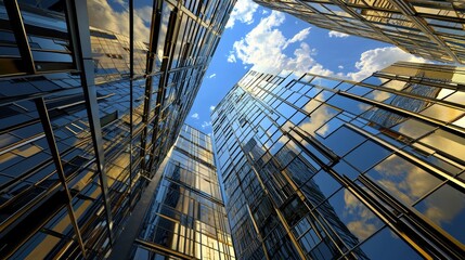 Naklejka premium Skyward Glance: Modern Architecture's Glass Embrace