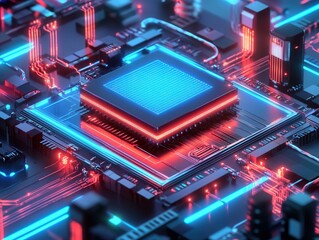 AI core glows at the heart of a cyber defense system, as streams of digital code swirl in neon blue and red. Futuristic, immersive and ultra-detailed.