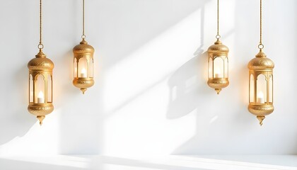 Obraz premium Islamic lanterns and golden ornaments hanging on a white minimal background, shadow details, elegant symmetry, perfect for eid al adha or mubarak
