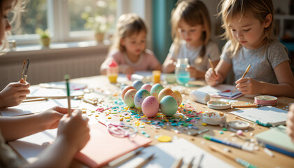 Fototapeta premium DIY Easter Craft Table with Kids’ Hands