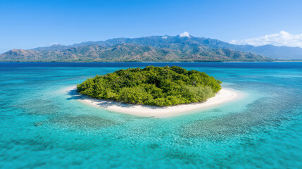 Fototapeta premium Aerial view of remote island surrounded by clear turquoise waters and lush greenery