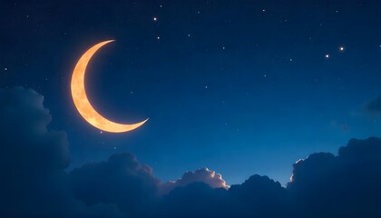 Fototapeta premium Night sky with glowing crescent moon and sparkling stars, subtle clouds, ideal for festive Eid al adha or mubarak