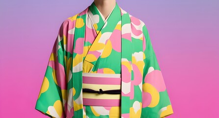 Obraz premium Colorful Traditional Kimono with Floral Patterns Against Gradient Background