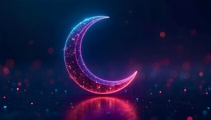 Modern Eid al-Adha digital background with neon crescent moon, dark techy backdrop, futuristic style