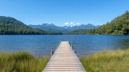 Obraz premium serene lake view with wooden dock extending into water, surrounded by lush mountains