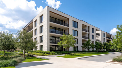Modern apartment complex with large windows and green landscaping, showcasing bright day
