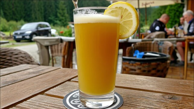 Refreshing yellow drink with lemon slice on a wooden table outdoors