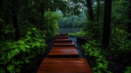 Obraz premium Wooden pathway leading through lush green forest to a serene lake during a rainy day. Tranquil nature scene