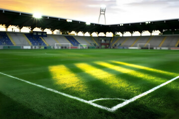 Football stadium field corner with sunlight and empty seats in the background