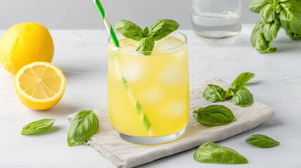 Fototapeta premium Refreshing lemonade with basil leaves and ice