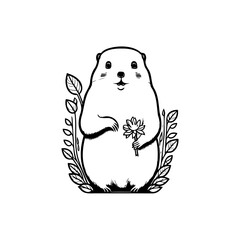 Charming prairie dog illustration with delicate floral accents in monochrome style