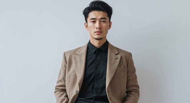 chinese 20s man on white plain bright background modern chic fashion pose  model portrait  portrait banner with copy space ad concept marketing