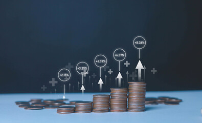 Fund investment concept, interest rate and dividend, coins instead return, Return on index fund and...
