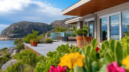 Fototapeta premium Luxury coastal home with breathtaking ocean views and vibrant flower garden