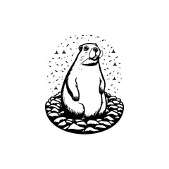 Naklejka premium Monochromatic depiction of a groundhog emerging from its subterranean burrow