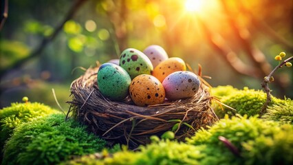 Obraz premium Delicate Easter Eggs Hidden in a Mossy Birds Nest A Springtime Celebration of Natures Craftsmanship