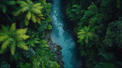 The blue-green forest river, surrounded by dense green trees and ferns