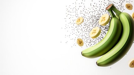 Bananas with slices amidst sprinkled topping on white, simplistic & clean layout