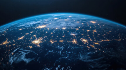 Obraz premium Aerial view of Earth at night, showcasing illuminated cities and networks of light