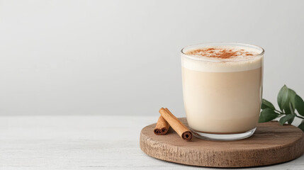 Creamy chai tea latte clear cup with cinnamon sticks wooden board, evoking warmth and comfort