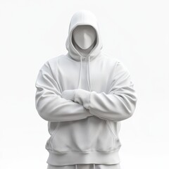 A man is wearing a white hoodie and is standing with his arms crossed