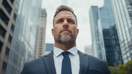 Fototapeta premium Confident businessman standing in modern cityscape, showcasing determination and ambition