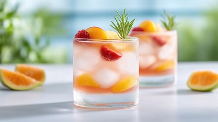Fototapeta premium Refreshing summer drinks with peaches, raspberries, and rosemary