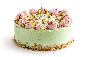 A realistic photo of Pistachio Rosewater Cake, hyper-realistic, isolated on white