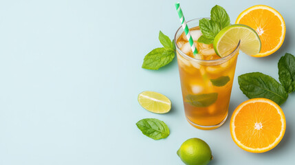 Fototapeta premium Refreshing iced tea blend with citrus fruits and mint leaves