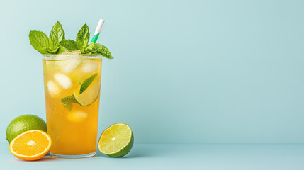 Fototapeta premium Refreshing iced tea blend with citrus fruits and mint leaves