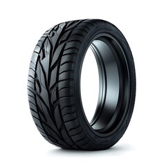 Black tire with directional tread pattern, standing upright, on white background, side view