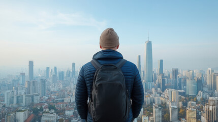 traveler gazes at stunning cityscape from rooftop, feeling inspired by urban view