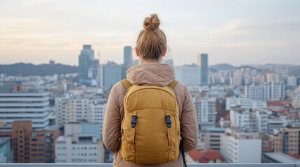 traveler gazes at vibrant cityscape from rooftop, feeling inspired by urban view