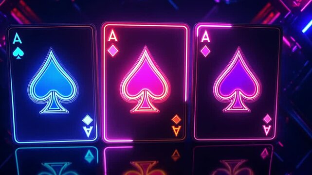 flying cards, neon electric playing card gambling casino game, poker chips and card royal flush hearts, isolated black background, neon, footage, 4k footage, videos, video clip, slow motion
