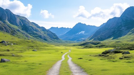 Serene mountain valley path. Lush green meadow stretches between towering peaks under a bright sky