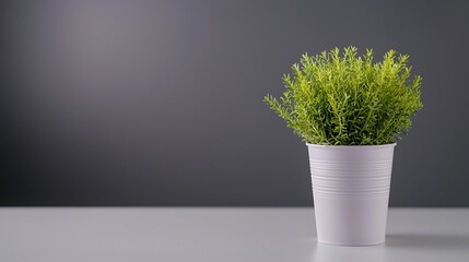 Bright green leafy plant in white cup against a simple background. Soft, simple, and natural scene