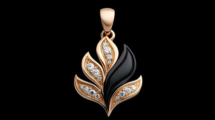Rose Gold Pendant with Black Enamel and White Stones Leaf Design