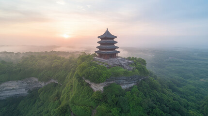 Majestic temple perched cliffside, surrounded by lush greenery and misty landscape sunrise